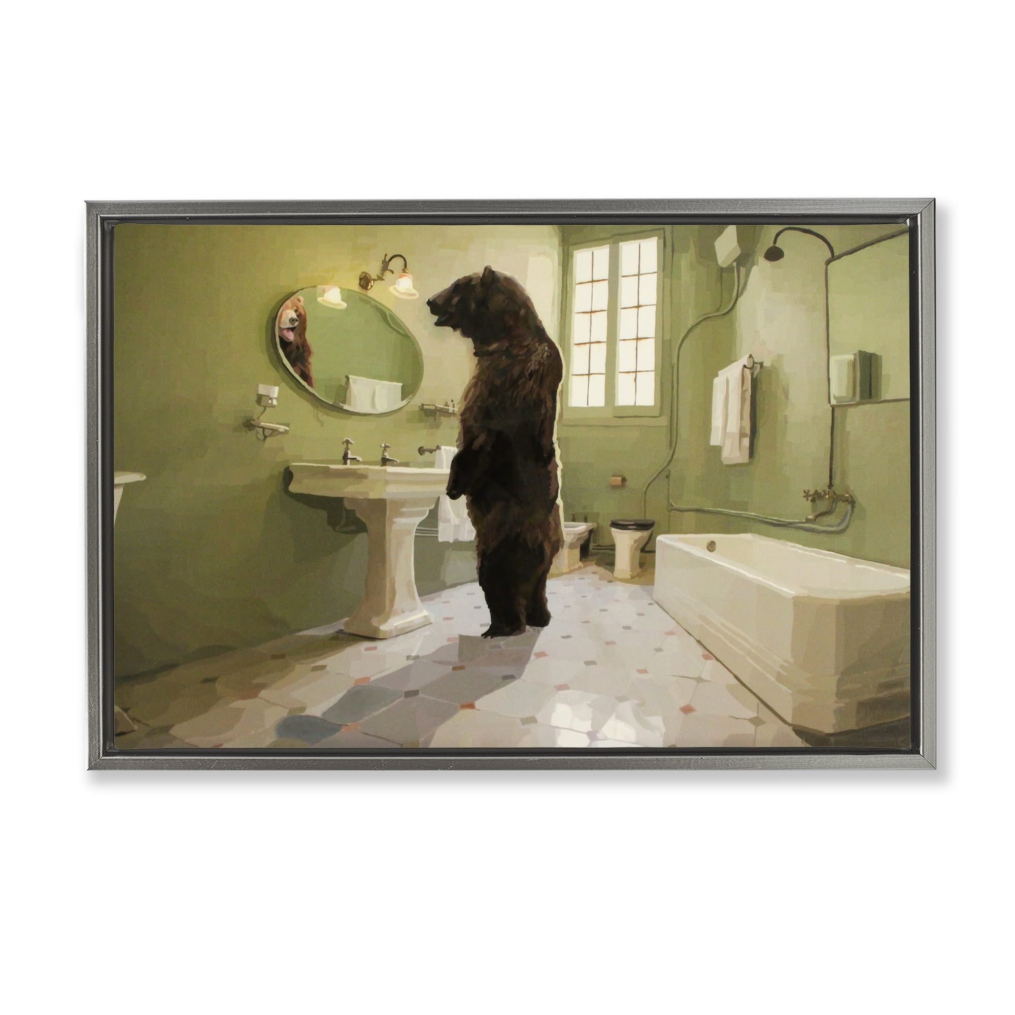 The Houseguest Bear in Bathroom Gray Framed Floater Canvas Wall Art, design by Keith Thomson