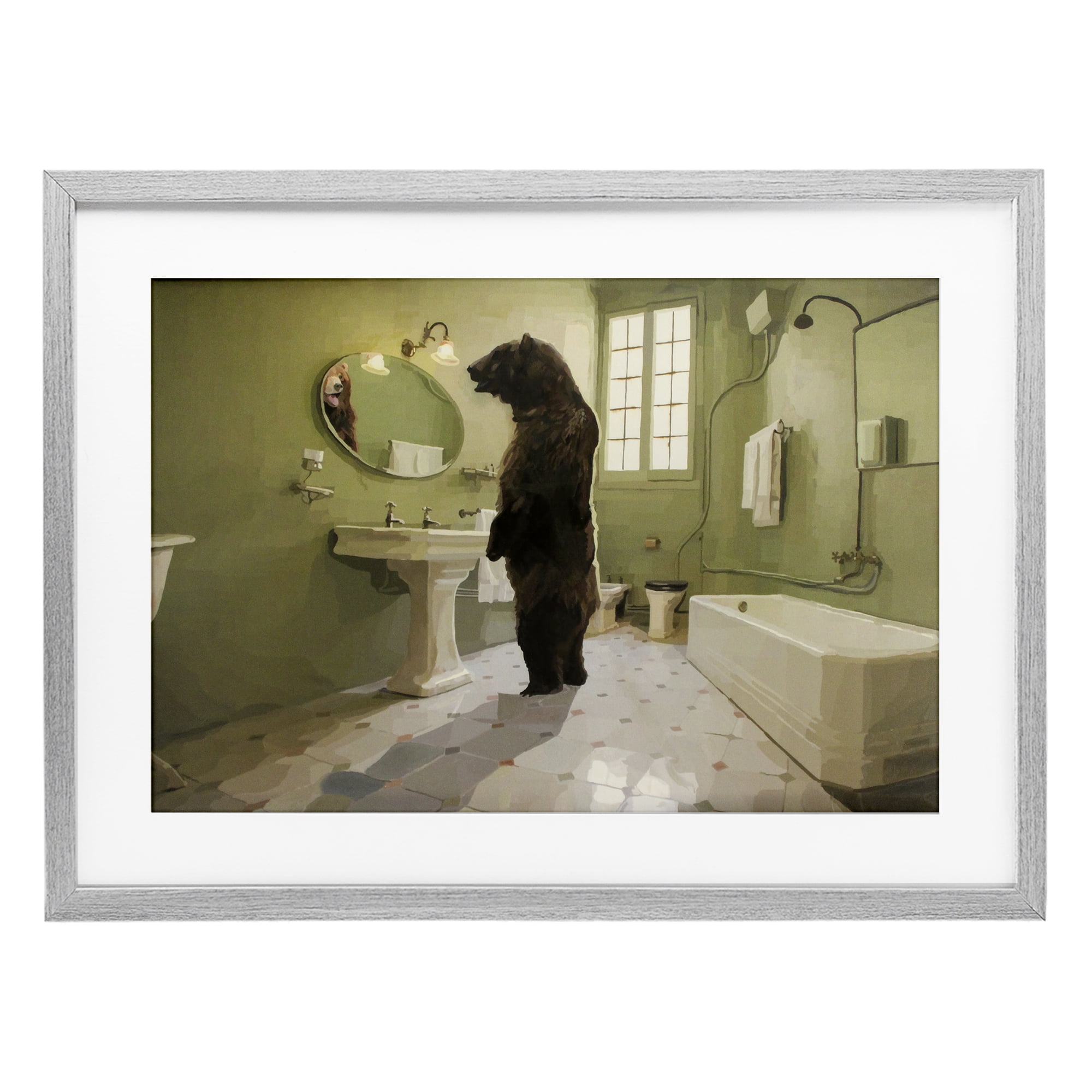 The Houseguest Bear in Bathroom Gray Framed Print Under Glass, design by Keith Thomson