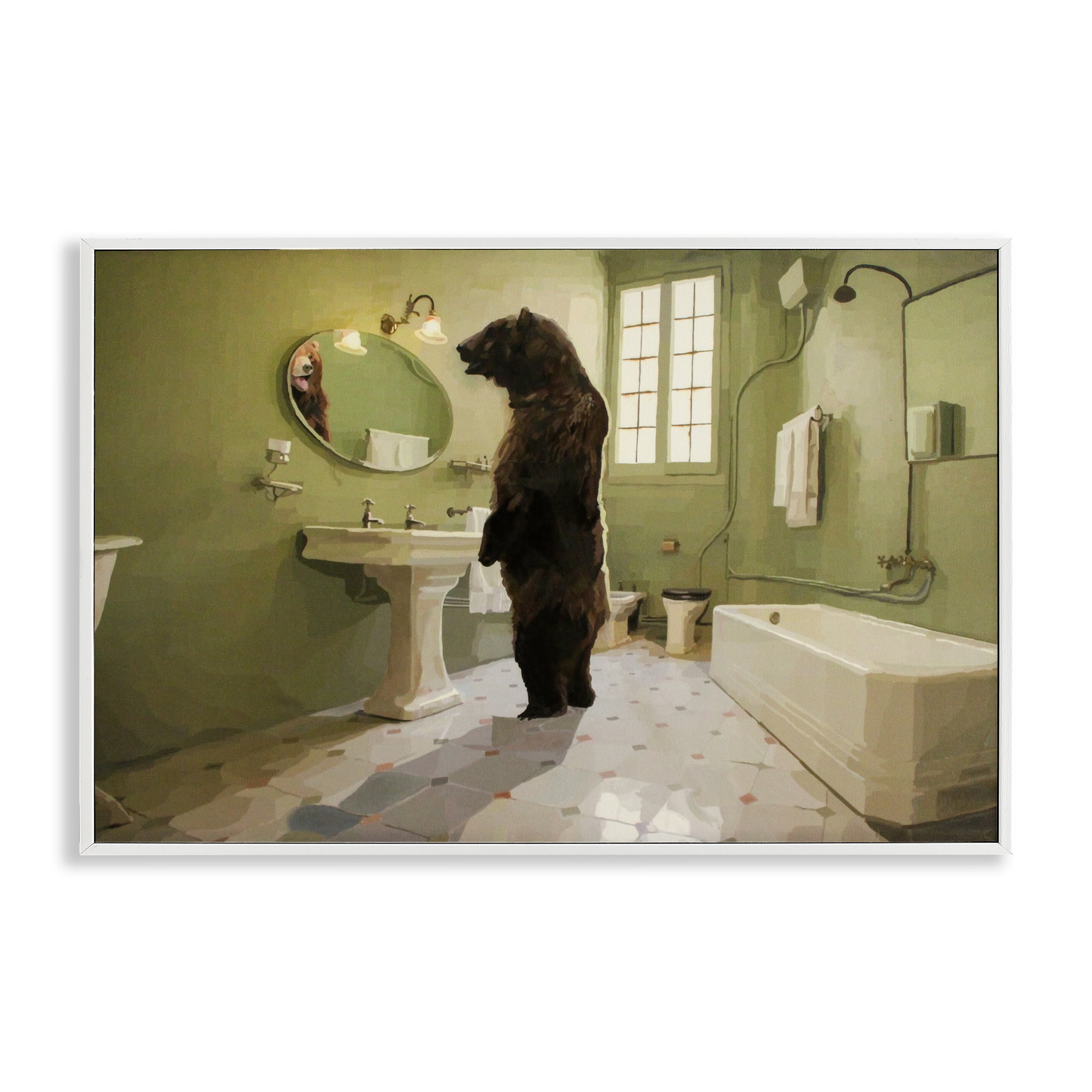 The Houseguest Bear in Bathroom White Framed Giclee Art, design by Keith Thomson