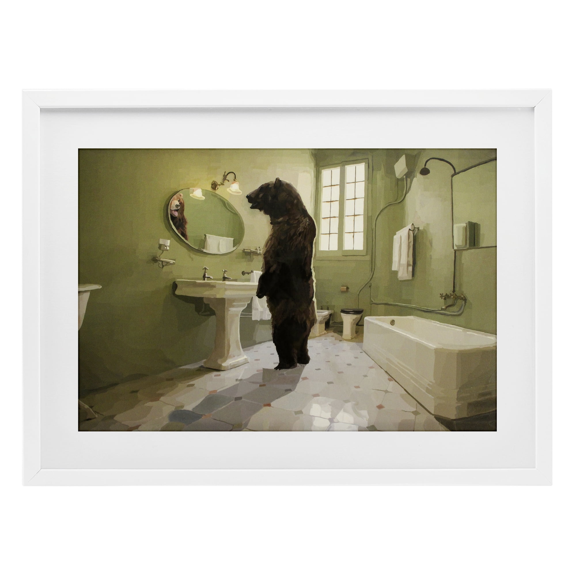 The Houseguest Bear in Bathroom White Framed Print Under Glass, design by Keith Thomson