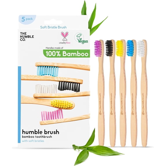 The Humble Co Bamboo Toothbrushes for Advanced Oral Care, Dental Hygiene, and Gum Care, BPA Free, Soft Bristles, Pack of 5