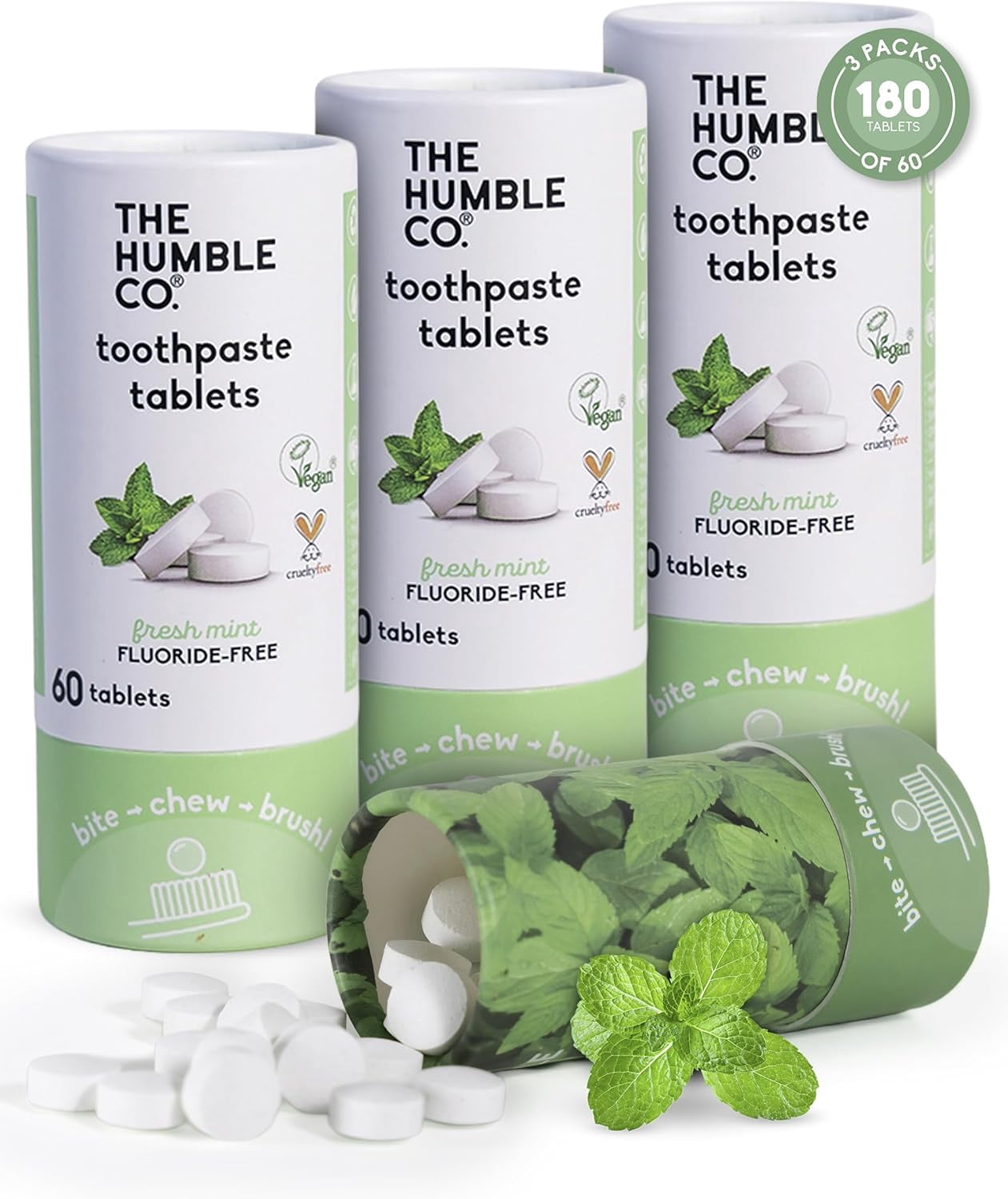 The Humble Co Fluoride-Free Chewable Toothpaste Tablets, Travel-Friendly Dental Care, Fresh Mint, Pack of 3, 180 Count