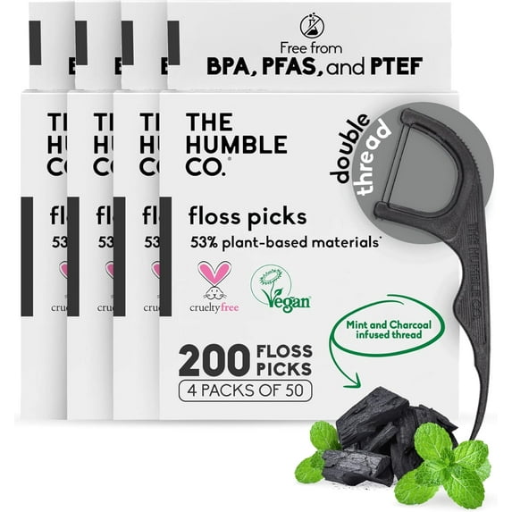 The Humble Co Natural Floss Picks, Double Thread Tooth Picks Flossers for Adults Gum Health, Interdental Oral Care & Hygiene, Charcoal, 300 Pieces