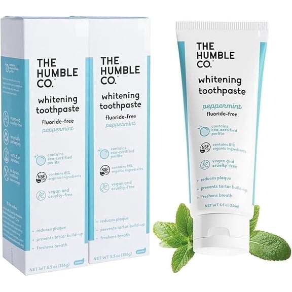 The Humble Co Natural Whitening Toothpaste, Vegan & Cruelty Free, Peppermint, 5.5 oz, Pack of 2