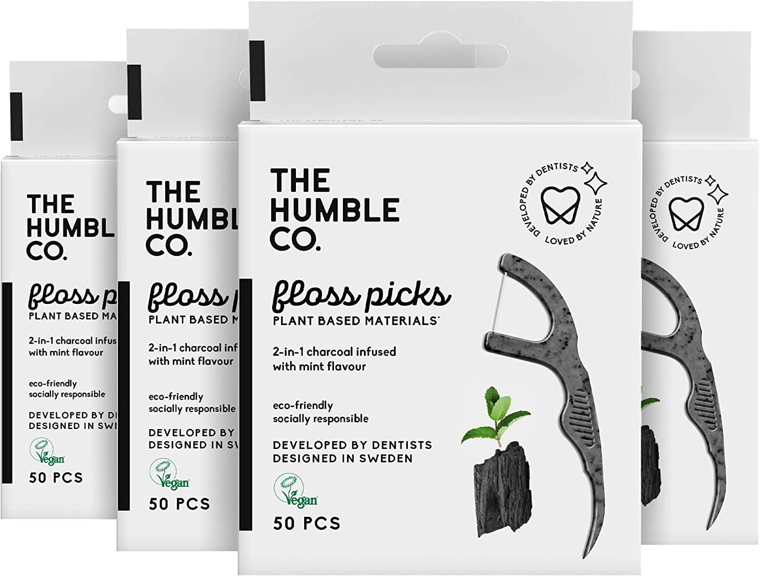 The Humble Co. Single Thread Dental Floss Picks, Charcoal, 200 Count
