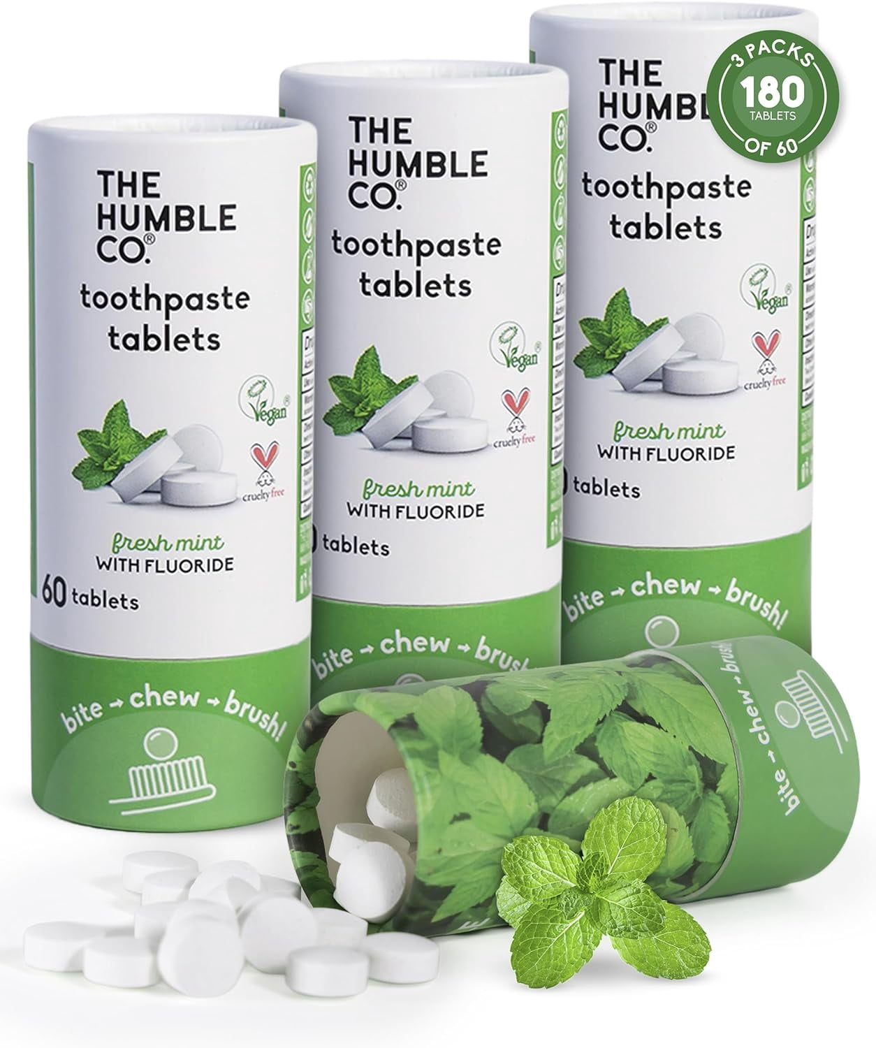 The Humble Co Chewable Toothpaste Tablets, Travel-Friendly Oral Care, Fresh Mint Flavor with Flouride, 180 Tablets, Pack of 3