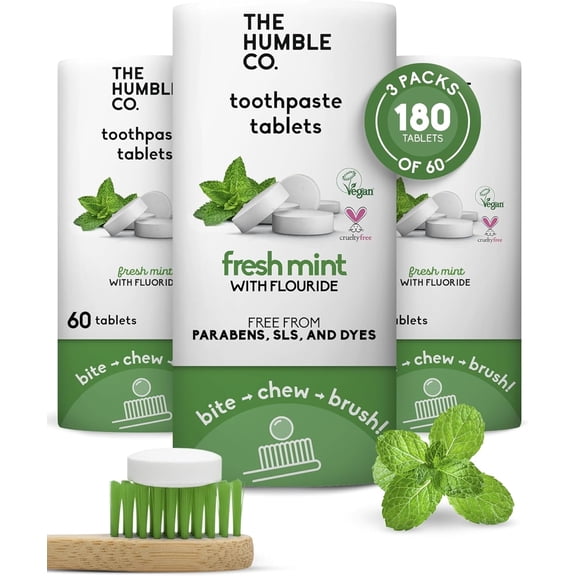 The Humble Co Chewable Toothpaste Tablets, Travel-Friendly Oral Care, Fresh Mint Flavor with Flouride, 180 Tablets, Pack of 3