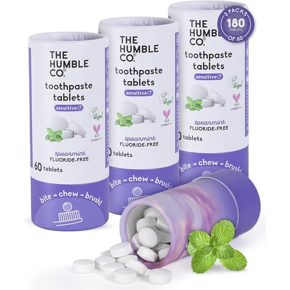 The Humble Co Toothpaste Tablets, Vegan and Plastic Free Toothpaste, Spearmint, 180 tablets, Pack of 3
