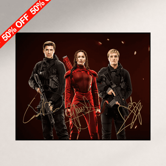 The Hunger Games Mockingjay Katniss Everdeen Peeta Mellark Gale Hawthorne Movie Poster, Autographed Style Wall Art, Canvas Print, Home Bedroom Decor