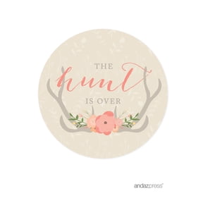 The Hunt Is Over Woodland Deer Wedding Round Circle Label Stickers, 40-Pack
