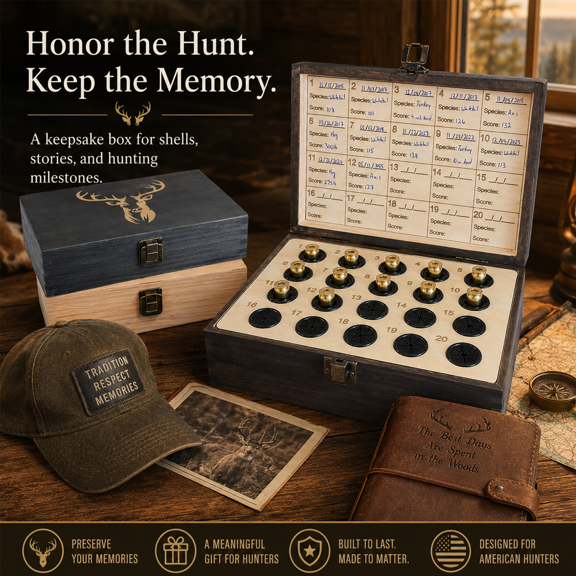 The Hunters Box The Hunter’s Legacy Memory Box, Hunting Keepsake Wooden Box with Shell Slots, Notes Chart and Hidden Layer