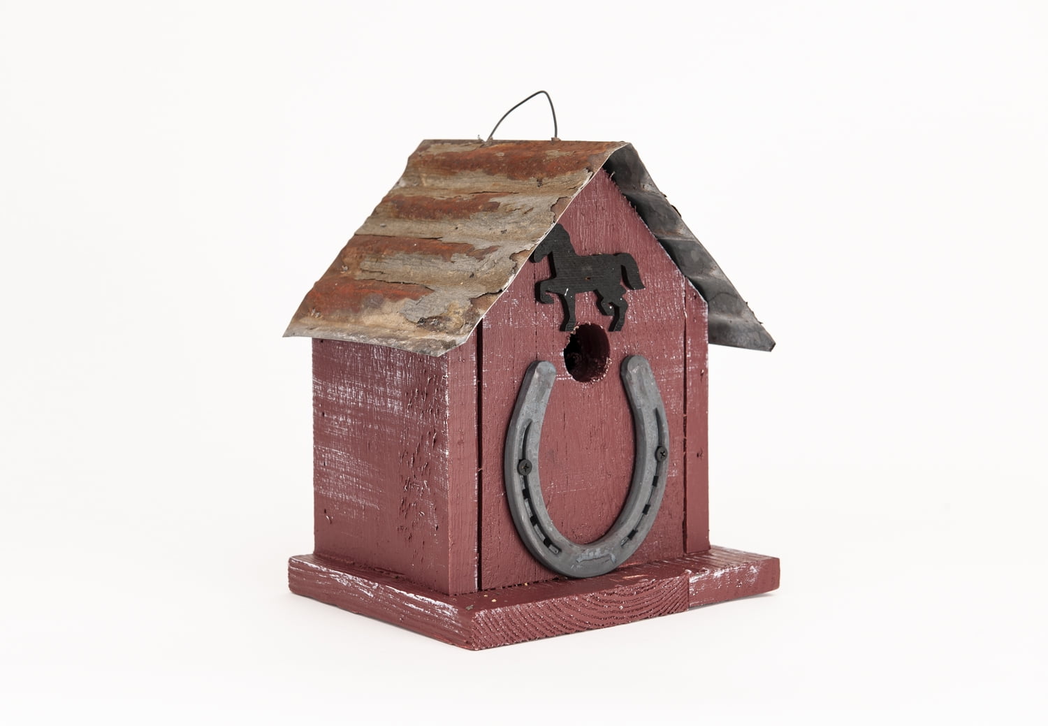 Red Reclaimed Barn Wood and Metal Horseshoe Birdhouse