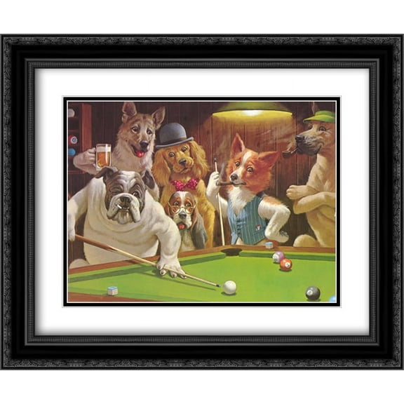 The Hustler / Dogs Playing Pool 2x Matted 24x20 Black Ornate Framed Art Print by Arthur Sarnoff