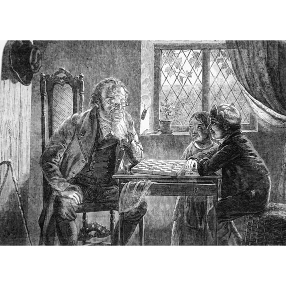 The Illustrated London News Etching From 1835.illustration Of An Old Man Playing Chess Against Two Children In Their Home by John Short /