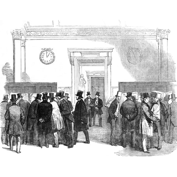 The Illustrated London News Etching From 1854.lloyds Merchants Room. Reading The News Of The Victory On The Alma by John Short / Design Pics