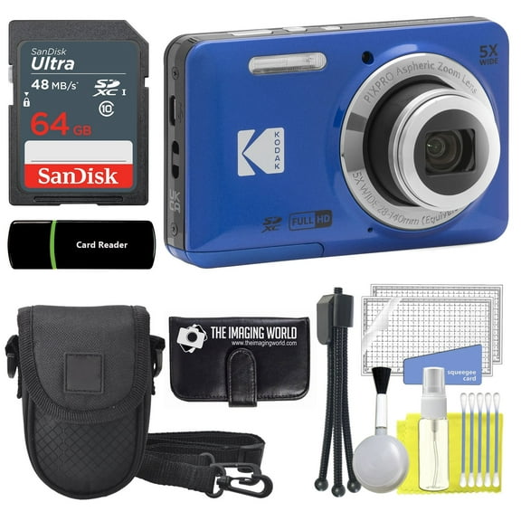 Kodak PIXPRO FZ55 Blue 16MP Digital Camera 5X Optical Zoom 28mm Wide Angle 1080P Full HD Video 2.7" LCD Camera + 64GB Card and Reader + Case + Memory Wallet + Tripod + Cleaning Bundle