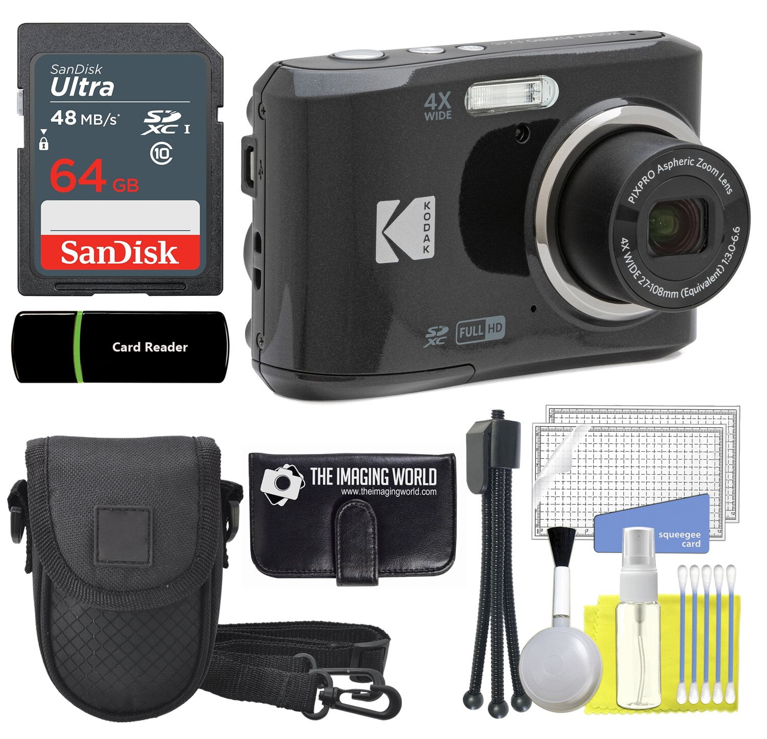 Kodak PIXPRO FZ45 16MP Digital Camera 4X Optical Zoom 27mm Wide Angle 1080P Full HD Video 2.7" LCD Camera Black + 64GB Card and Reader + Case + Memory Wallet + Tripod + Cleaning Bundle