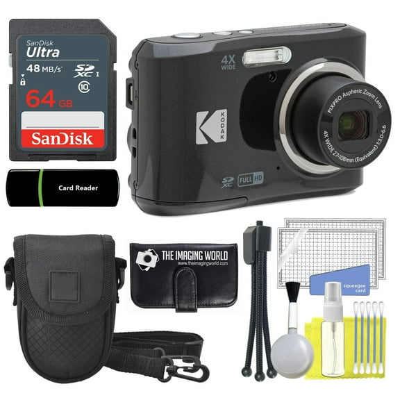 Kodak PIXPRO FZ45 16MP Digital Camera 4X Optical Zoom 27mm Wide Angle 1080P Full HD Video 2.7" LCD Camera Black + 64GB Card and Reader + Case + Memory Wallet + Tripod + Cleaning Bundle