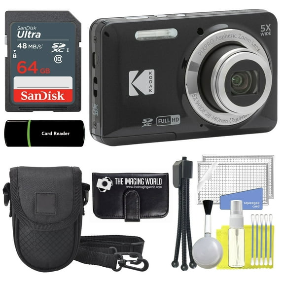 Kodak PIXPRO FZ55 Black 16MP Digital Camera 5X Optical Zoom 28mm Wide Angle 1080P Full HD Video 2.7" LCD Camera + 64GB Card and Reader + Case + Memory Wallet + Tripod + Cleaning Bundle