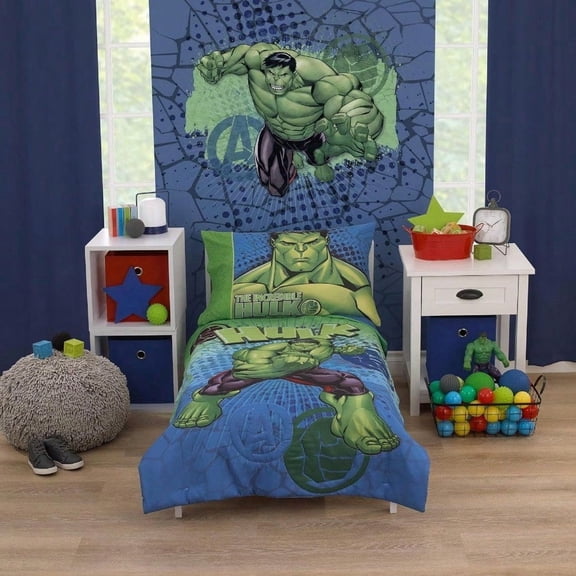 The Incredible Hulk Green and Blue 4 Piece Toddler Bed Set Comforter Fitted Bottom Sheet Flat Top Sheet and Reversible Pillowcase