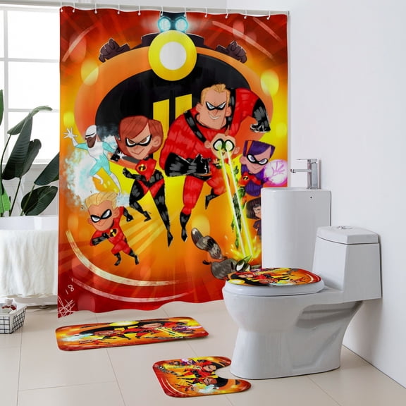 The Incredibles Polyester Bath 4-PieceShower curtain, toilet mat + two floor mats.