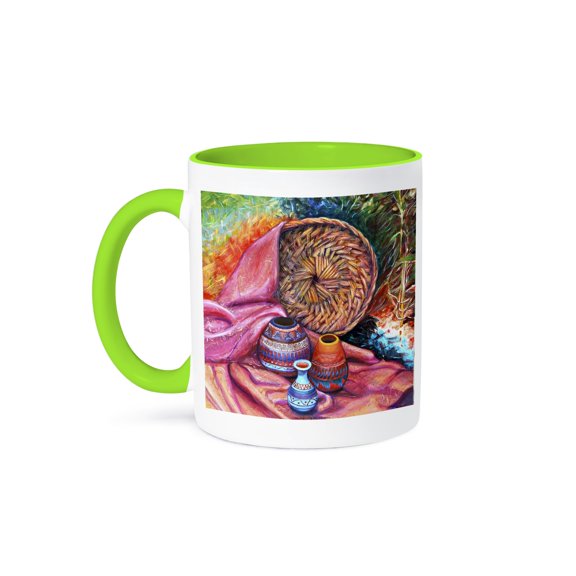 The Indian Pottery In Magentas And Violets With Abstract Background, 11oz Two-Tone Green Mug