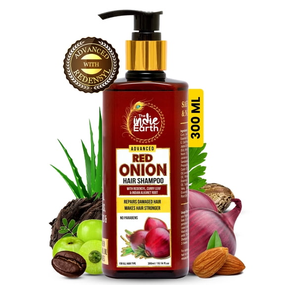 The Indie Earth Advanced Red Onion Shampoo 300Ml/10 Fl.Oz With 15+ Natural Ingredients Including Red Onion, Curry Leaf & Indian Alkanet Root