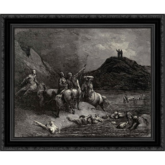The Inferno, Canto 12, lines 38'39: One cried from far: Say to what pain ye come, Condemnd, who down this steep have journied? 23x20 Black Ornate Wood Framed Canvas Art by Dore, Gustave