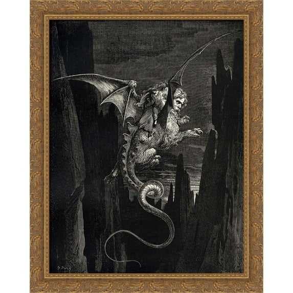 The Inferno, Canto 17, line 117: New terror I conceiv╞d at the steep plunge 28x34 Large Gold Ornate Wood Framed Canvas Art by Gustave Dore