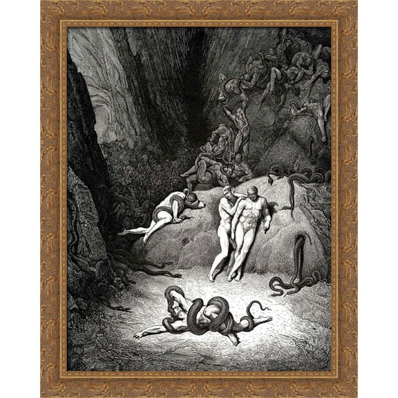 The Inferno, Canto 25, lines 59'61: The other two Lookd on exclaiming: Ah, how dost thou change, Agnello! 28x34 Large Gold Ornate Wood Framed Canvas Art by Gustave Dore