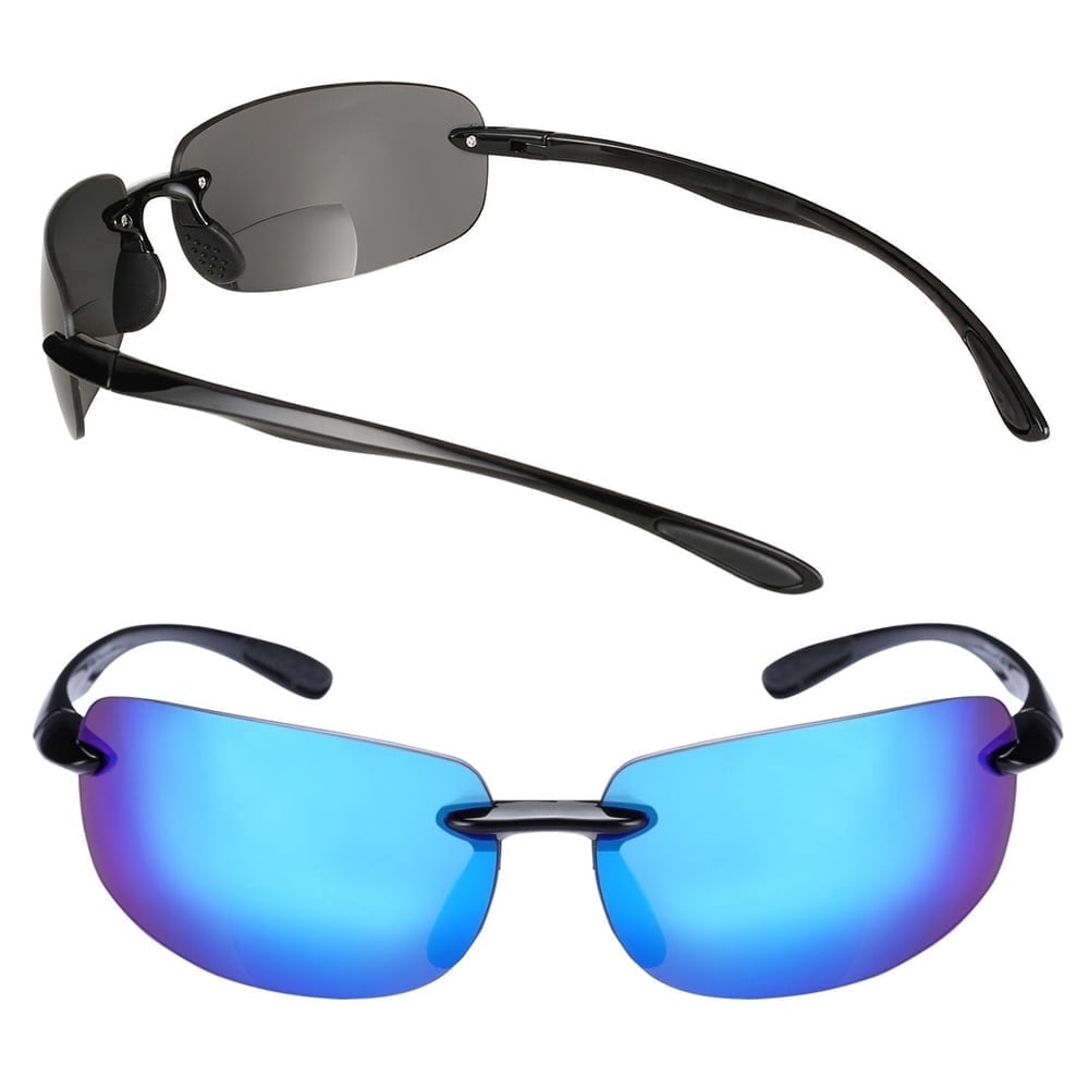"The Influencer" 2 Pair of Sport Wrap Bifocal Sunglasses for Men and Women - Black/Open Road Blue (Polarized) - 2.00