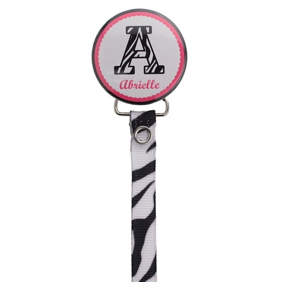 The Initiative Initial with Name Zebra Pacifier Clip with Matching Ribbon