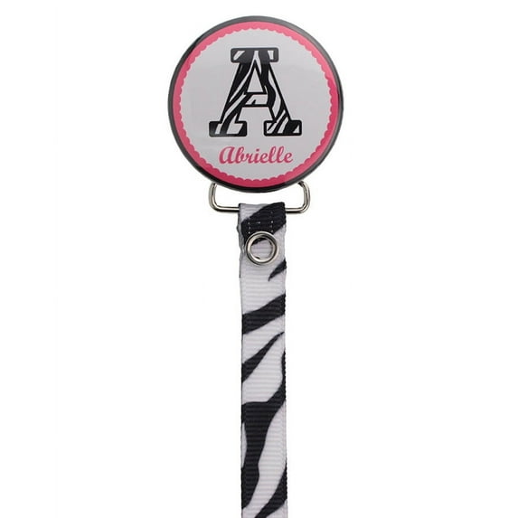 The Initiative Initial with Name Zebra Pacifier Clip with Matching Ribbon