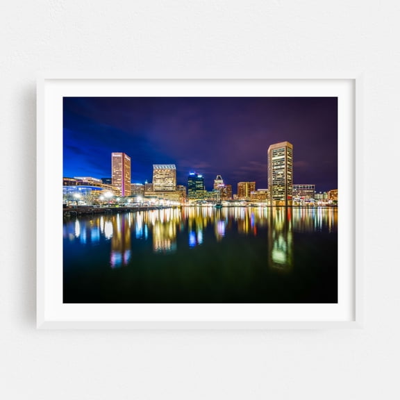 The Inner Harbor Skyline 02 - Baltimore Maryland Photography Cityscape Skyline Night Sky Architecture Harbor White Framed Wall Art Print 5 x 7 inches