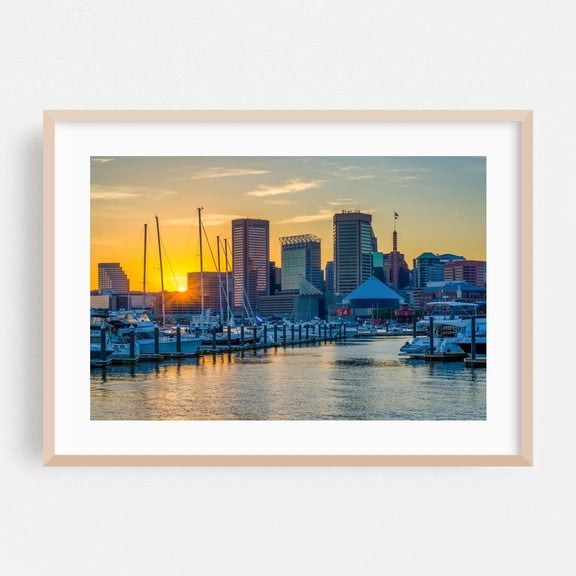 The Inner Harbor Skyline 03 - Baltimore Maryland Photography Oak Framed Wall Art Print 24 x 36 inches