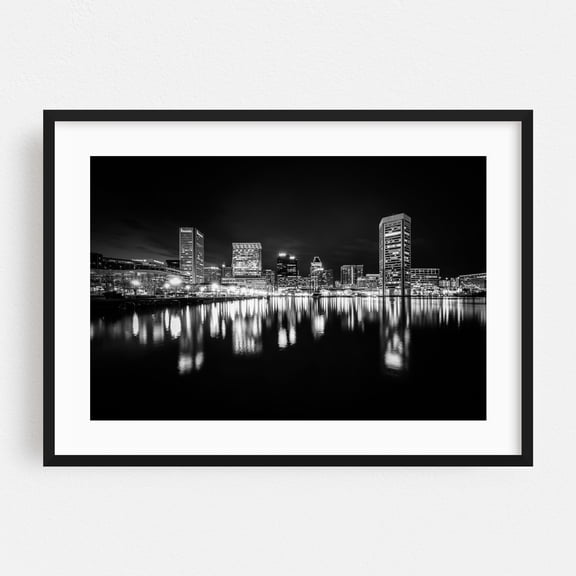The Inner Harbor Skyline B&W - Baltimore Maryland Photography Black Framed Wall Art Print 24 x 36 inches