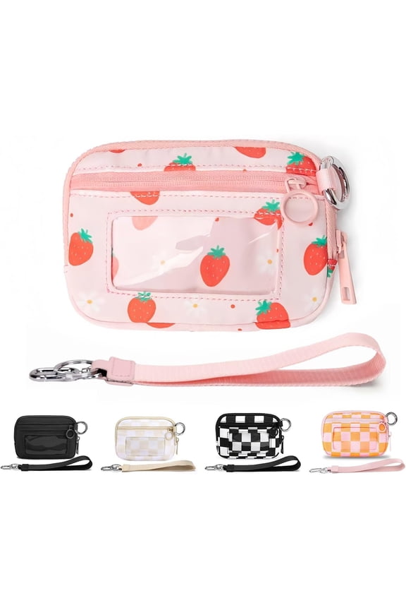 The Iris Wallet for Women,Mini Pouch Wristlet with Zipper Card Case ID Window,  Nylon  Wallet (Strawberry)