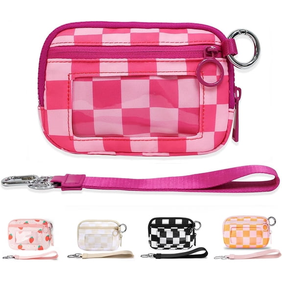 The Iris Wallet for Women,Mini Pouch Wristlet with Zipper Card Case ID Window, Waterproof Nylon Keychain Wallet (Rose Red Checkered)