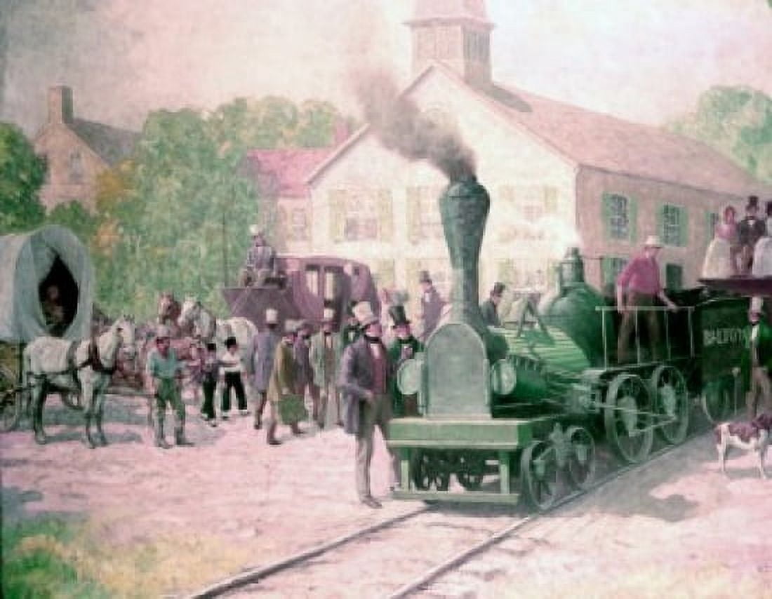 The Iron Horse Invades a Town by Herbert D Stitt 1839 Canvas Art - Herbert D Stitt (18 x 24)