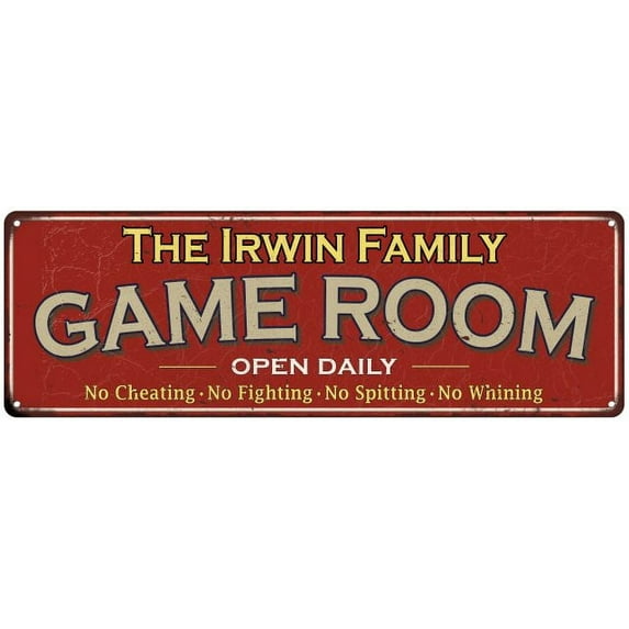 The Irwin Family Gift Red Game Room Metal 6x18 Sign 206180038350