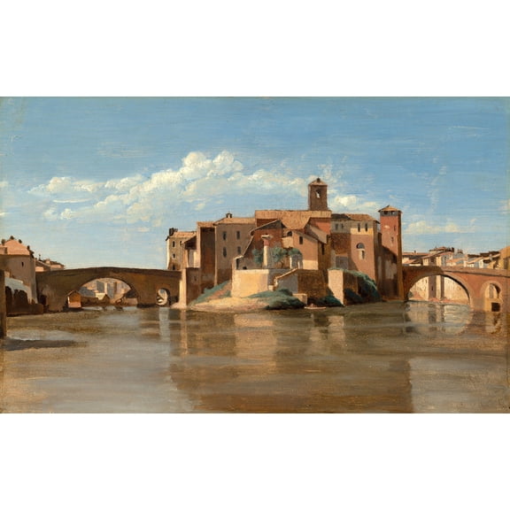 The Island and Bridge of San Bartolomeo, Rome by Jean-Baptiste-Camille Corot - 12" x 18" Art Print Wall Decor