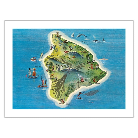 The Island of Hawaii Map - Vintage Pictorial Map by Ray Lanterman c.1962 - Bamboo Fine Art 290gsm Paper Print (Unframed) 18x24in