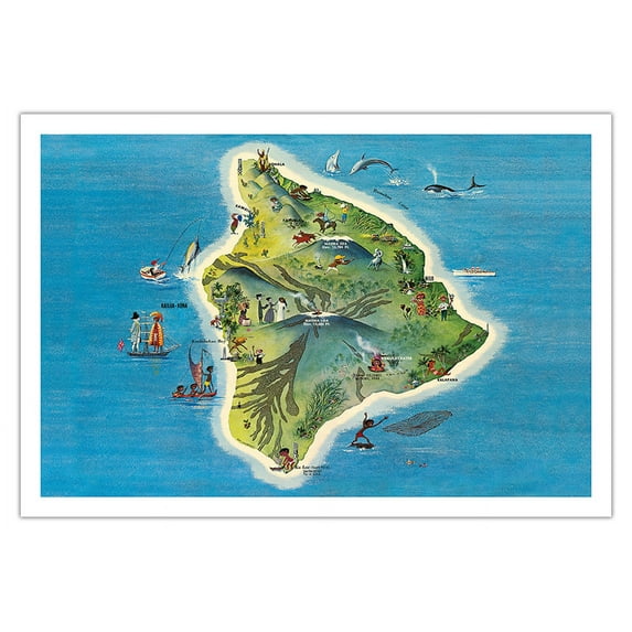 The Island of Hawaii Map - Vintage Pictorial Map by Ray Lanterman c.1962 - Fine Art Matte Paper Print (Unframed) 30x44in