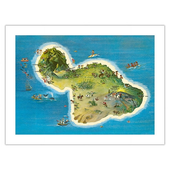 The Island of Maui Hawaii - Vintage Pictorial Map by Ray Lanterman c.1962 - Bamboo Fine Art 290gsm Paper Print (Unframed) 18x24in
