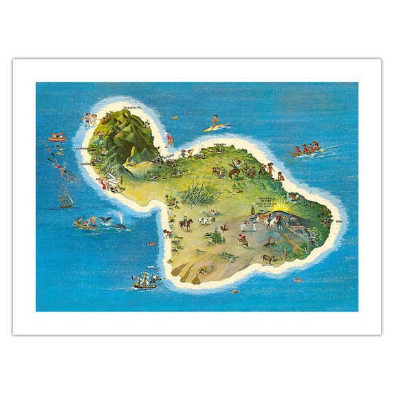 The Island of Maui Hawaii - Vintage Pictorial Map by Ray Lanterman c.1962 - Bamboo Fine Art 290gsm Paper (Unframed) 12x16in