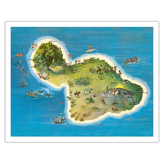 The Island of Maui Hawaii - Vintage Pictorial Map by Ray Lanterman c.1962 - Fine Art Matte Paper Print (Unframed) 11x14in