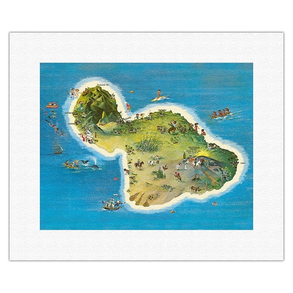 The Island of Maui Hawaii - Vintage Pictorial Map by Ray Lanterman c.1962 - Fine Art Rolled Canvas Print 11in x 14in
