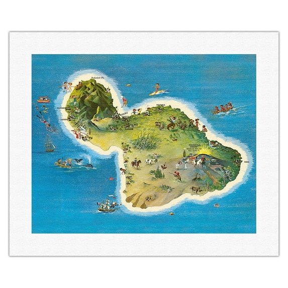 The Island of Maui Hawaii - Vintage Pictorial Map by Ray Lanterman c.1962 - Fine Art Rolled Canvas Print 16in x 20in