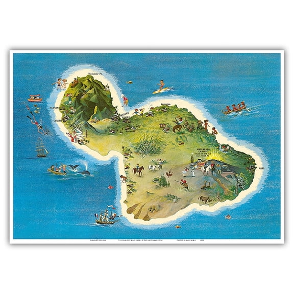 The Island of Maui Hawaii - Vintage Pictorial Map by Ray Lanterman c.1962 - Master Art Print 10in x 14in