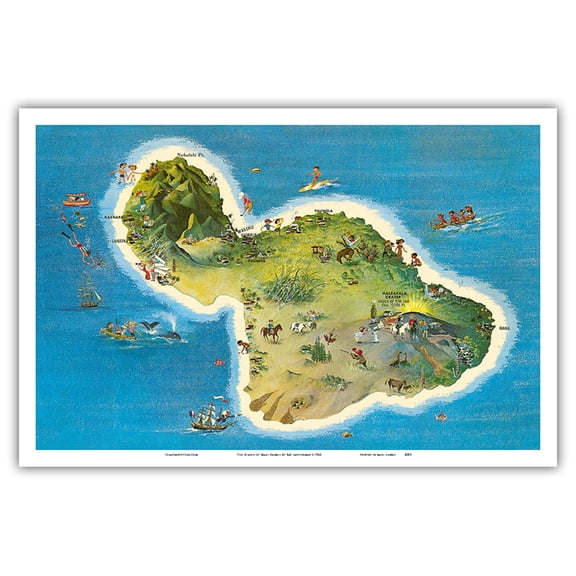 The Island of Maui Hawaii - Vintage Pictorial Map by Ray Lanterman c.1962 - Master Art Print (Unframed) 12in x 18in